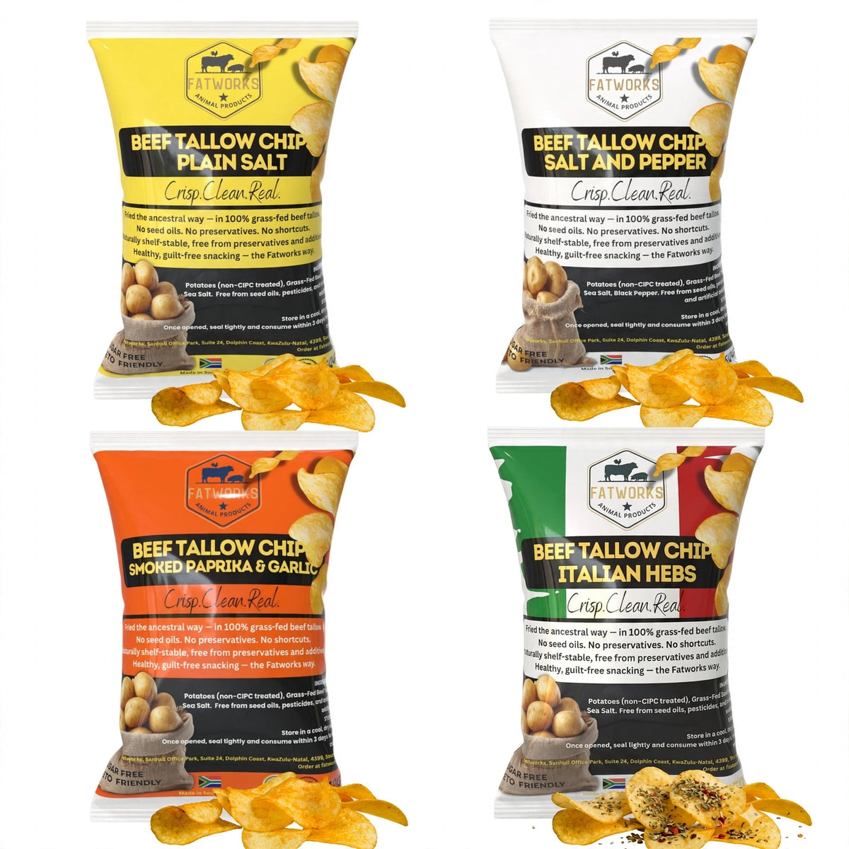 Variety pack of potato chips feies in beef Tallow